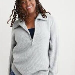 Aerie Cozy Waffle Knit 1/4 Zip Women’s Sweater Light Gray Size S Oversized